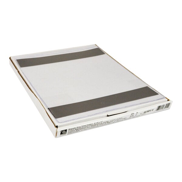 A stack of clear plastic sheet holders with black magnetic strips, packaged in a white box.