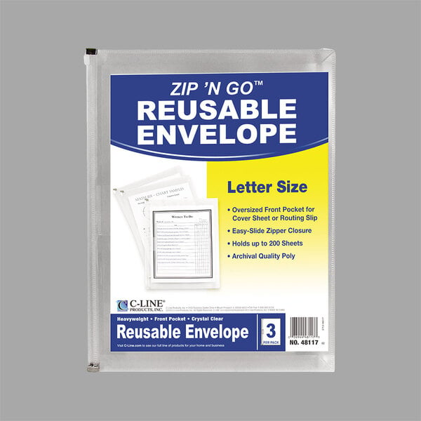 A C-Line reusable clear plastic envelope with an outer pocket and blue and yellow labels.