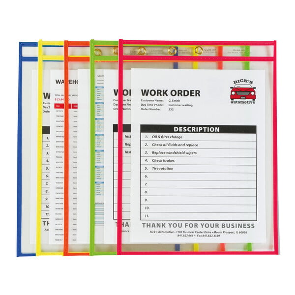 Five transparent plastic sleeves with colored borders (blue, yellow, orange, green, and pink) each holding a sheet of paper with printed text.