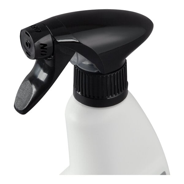 A white plastic spray bottle with a black trigger nozzle, used for dispensing stainless steel cleaner and polish.