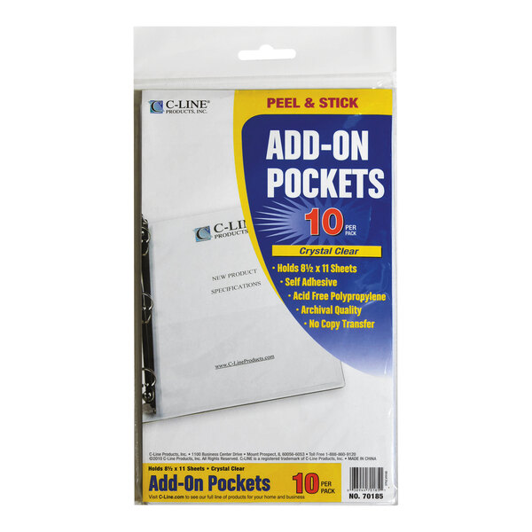 C-Line 70185 Peel & Stick Standard Weight Clear Polypropylene Add-On Pocket - 10/Pack