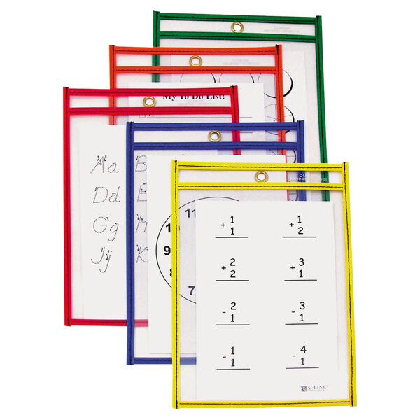 A group of C-Line reusable dry erase folders in four different primary colors with writing on them.