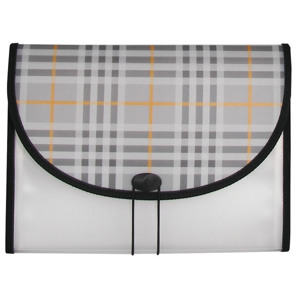 A white and black plaid C-Line expanding file with an elastic closure.