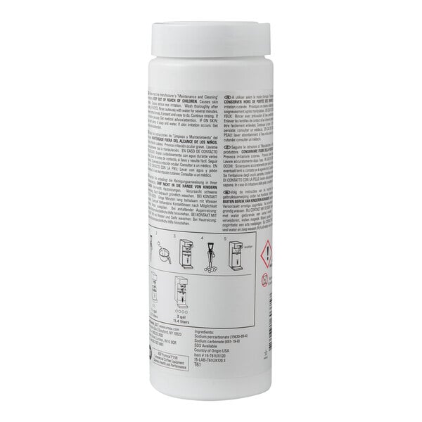 A white cylindrical container of Urnex Tabz Tea Equipment Cleaner Tablets with instructions and warnings printed on the label.