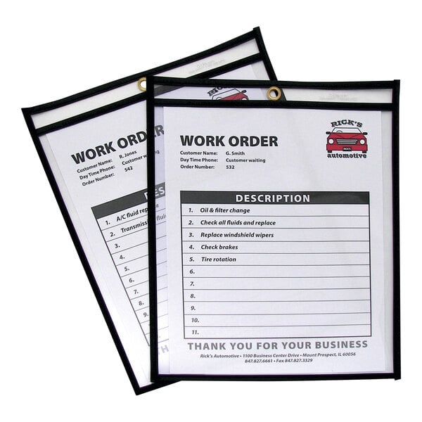 Two clear, double-sided stitched holders display work order sheets with printed text and a small red car graphic at the top right corner.