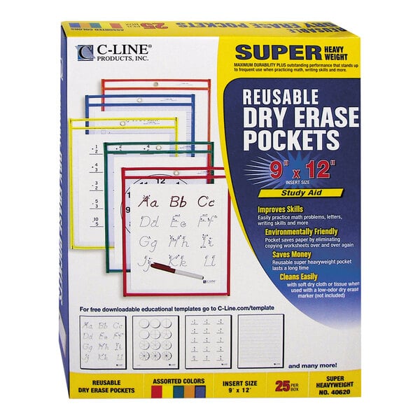 A box of reusable dry erase pockets in assorted primary colors, designed for 9" x 12" inserts, with 25 pockets shown on the packaging.