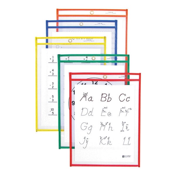 A set of colorful, transparent dry erase pockets holding worksheets, shown in red, green, yellow, and blue frames.
