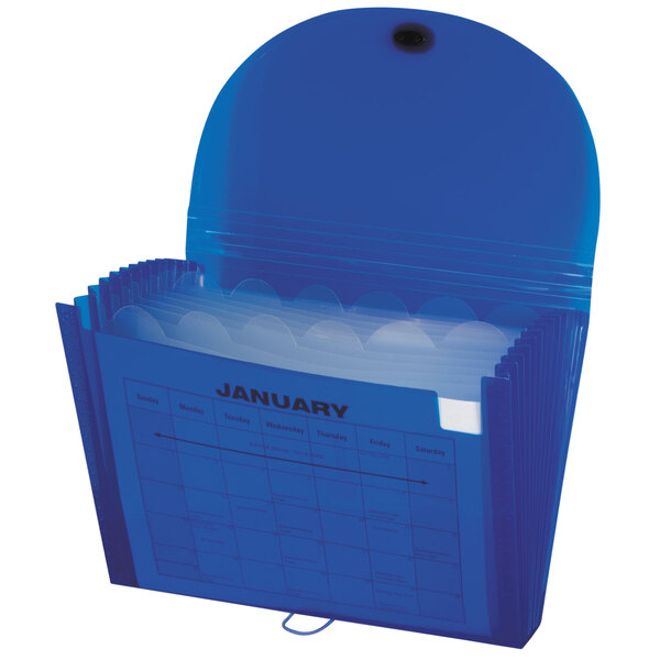 A blue plastic C-Line 13-pocket organizer with an elastic closure.