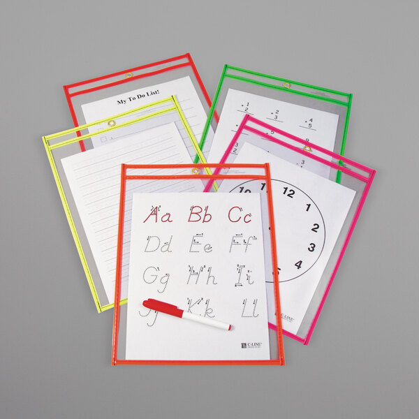 A set of four C-Line assorted neon colors dry erase pockets.