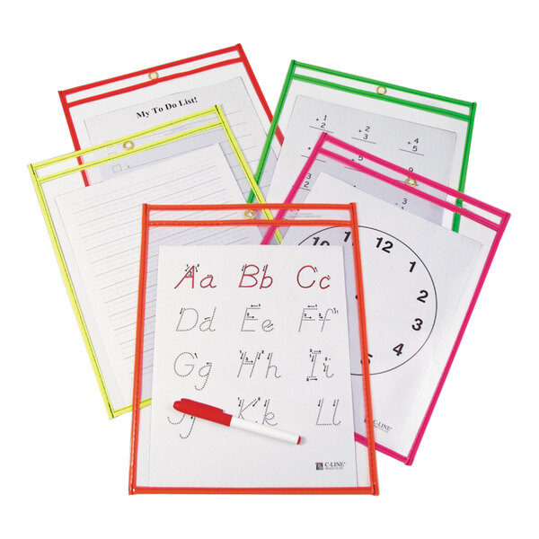 C-Line 40810 12" x 9" Assorted Neon Colors Reusable Dry Erase Pocket - 10/Pack