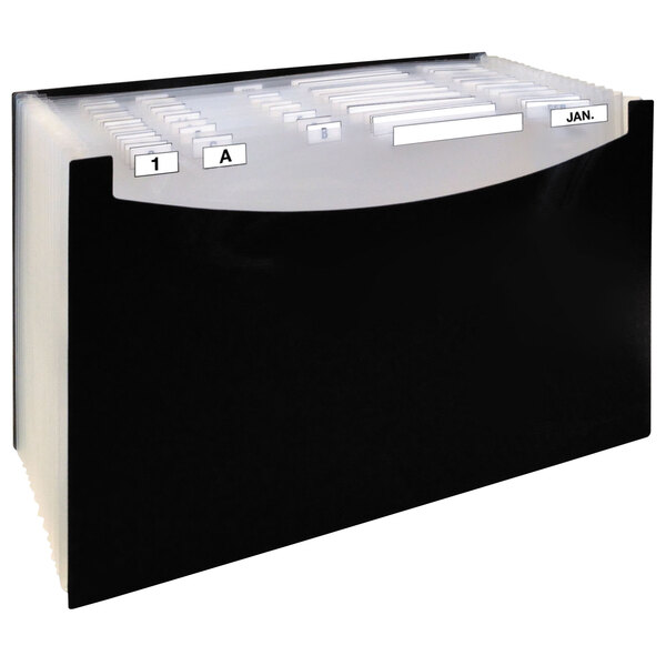 A black C-Line legal sized file folder with white labels on each pocket.