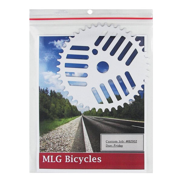 A clear plastic zipper bag containing a paper with an image of a road, a white gear-shaped object, and the text 'MLG Bicycles' at the bottom.