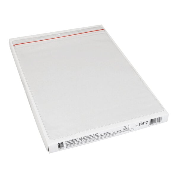 A clear vinyl zipper seal shop ticket holder with a red zipper line, displayed on top of its packaging box.