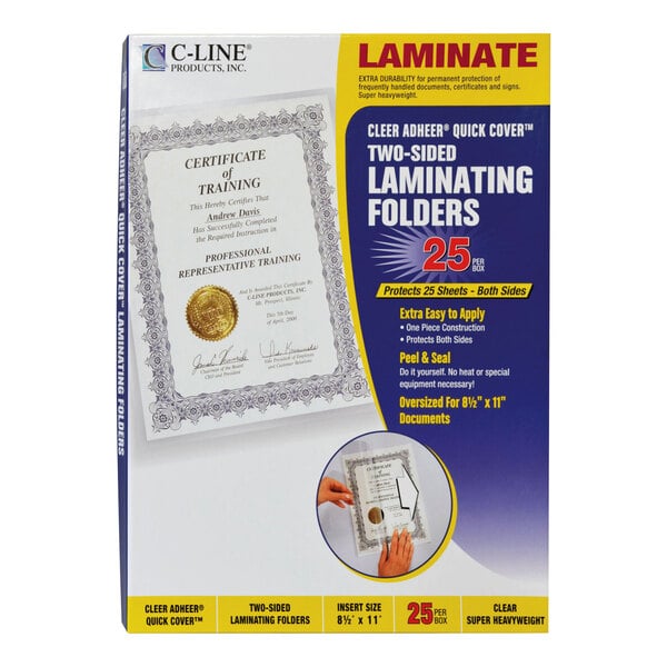 A box of C-Line Cleer Adheer Quick Cover two-sided laminating folders, featuring 25 clear, super heavyweight pockets for 8 1/2" x 11" documents.