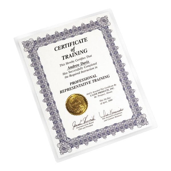 A certificate with a decorative border and gold seal is encased in a clear, glossy laminating pocket.