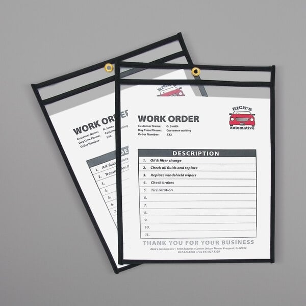 A stack of two black and white work order papers in a C-Line clear stitched shop ticket holder.