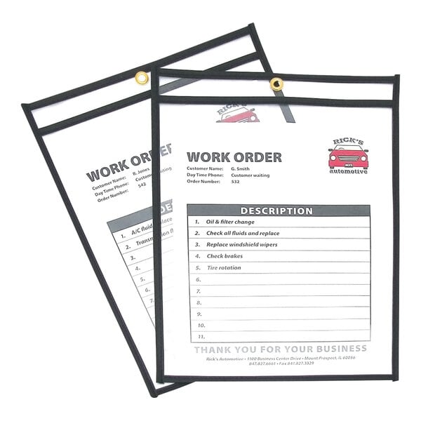 Two clear plastic shop ticket holders with black borders and metal-reinforced holes, each containing a printed work order sheet.