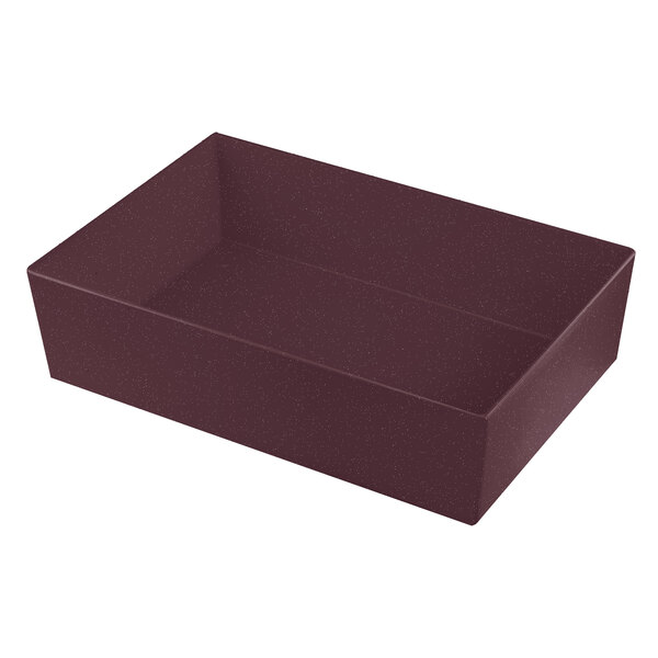 A maroon rectangular cast aluminum bowl with a speckled finish.