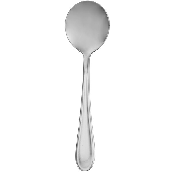 A close-up of a Walco stainless steel bouillon spoon with a black handle on a white background.