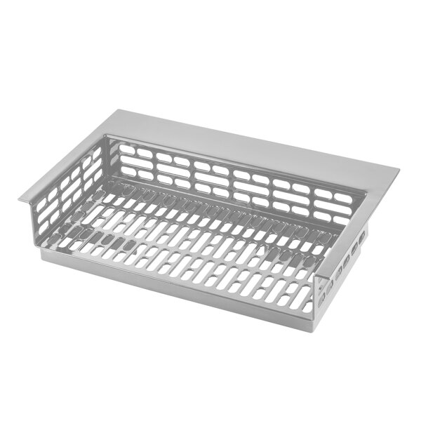 A Tablecraft brushed aluminum tray with a grid of holes.