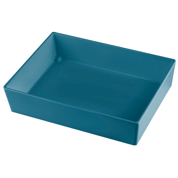 A Tablecraft blue rectangular cast aluminum bowl with straight sides.