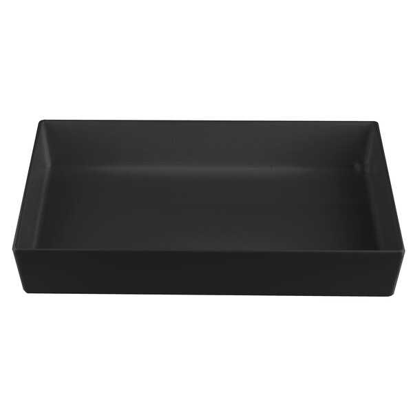 A black rectangular Tablecraft bowl on a white surface.
