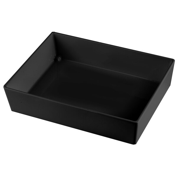 A Tablecraft black cast aluminum rectangular bowl with straight sides.