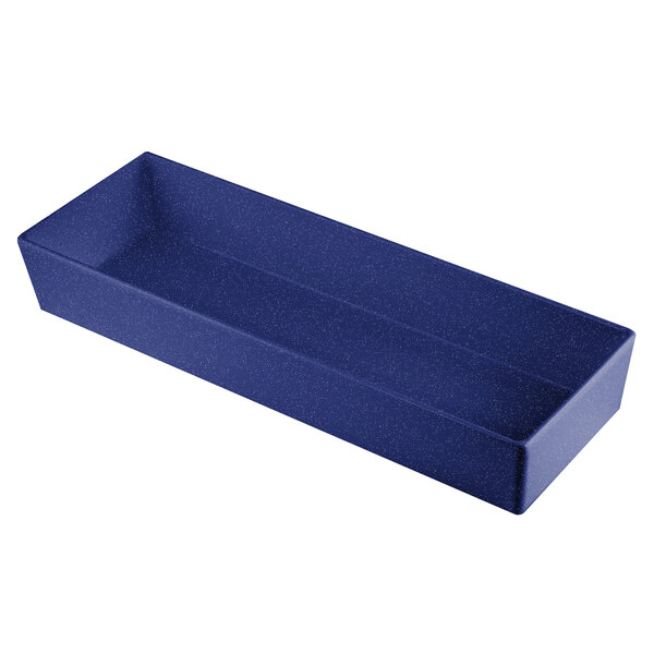 A blue rectangular Tablecraft bowl on a counter.