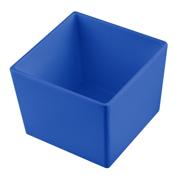 A cobalt blue square Tablecraft bowl with straight sides.