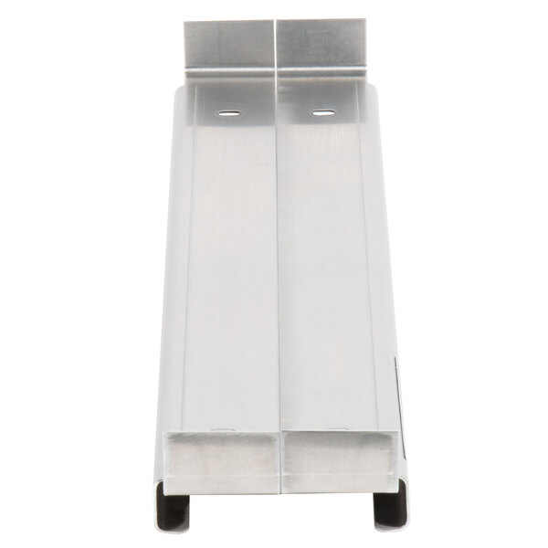 A silver metal adjustable undershelf slide for a Metro shelf with two black and silver handles.