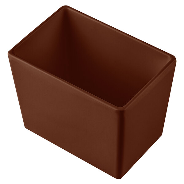 A brown square pot with a lid.