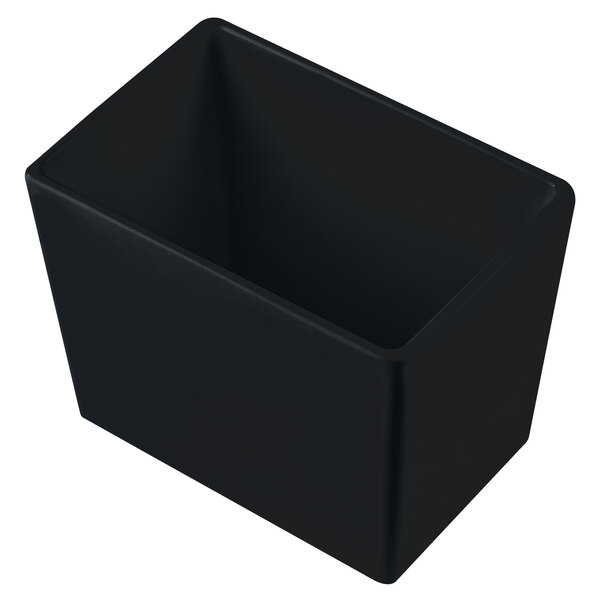 A black rectangular Tablecraft bowl with straight sides on a white background.