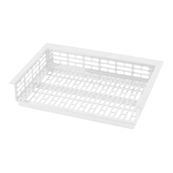 A white cast aluminum perforated single cold well drop-in template.