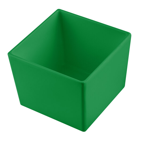 A Tablecraft green square cast aluminum bowl with straight sides.