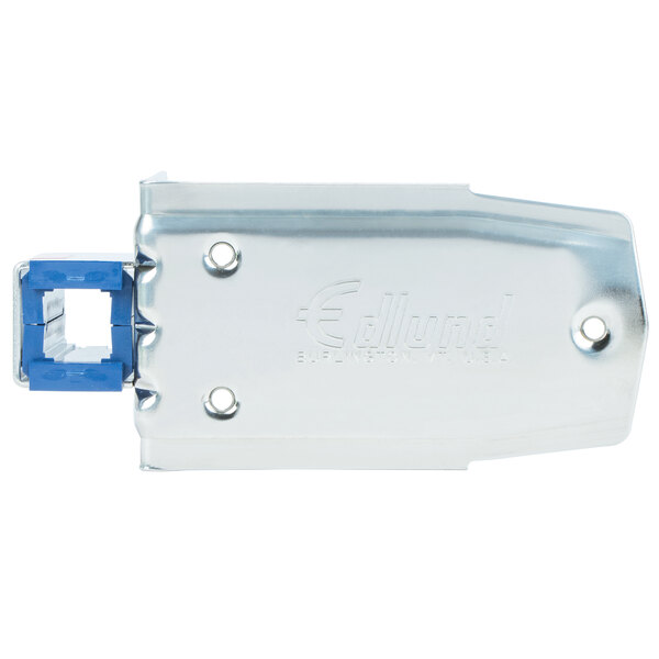 A stainless steel metal tray with a blue square on top.