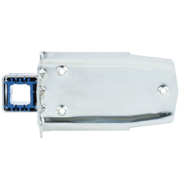 A stainless steel metal base plate with a square hole.