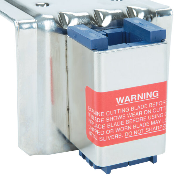 a metal box with a red label