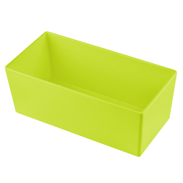 A lime green Tablecraft Simple Solutions rectangular bowl with straight sides.