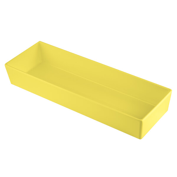 A Tablecraft yellow rectangular bowl with straight sides.