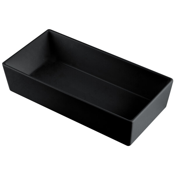 A Tablecraft black rectangular cast aluminum bowl.