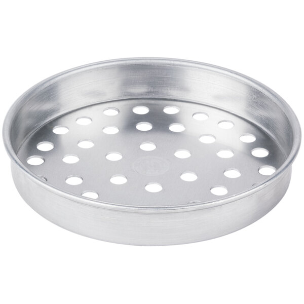 An American Metalcraft aluminum round pizza pan with holes.