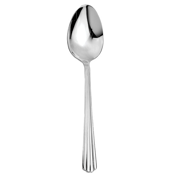 A stainless steel Walco Hyannis dessert spoon with a black top.