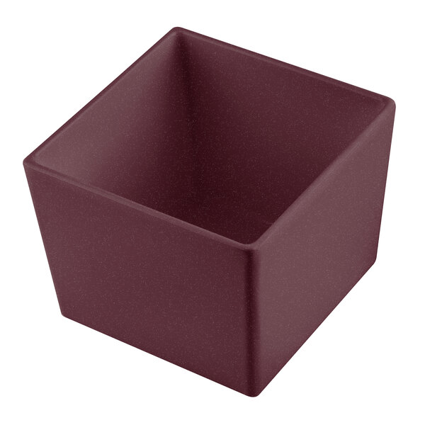 A Tablecraft maroon speckled square container on a table in a salad bar.