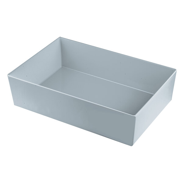 A gray rectangular deep straight sided bowl.