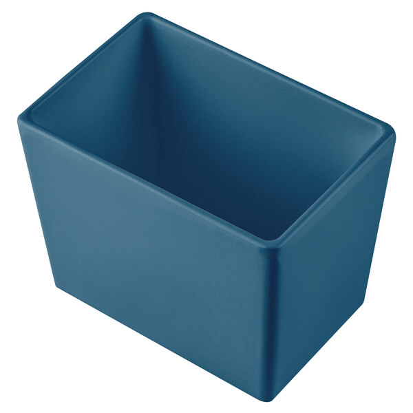 A blue rectangular Tablecraft cast aluminum bowl with straight sides.