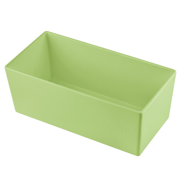 A green rectangular Tablecraft bowl with straight sides on a white background.