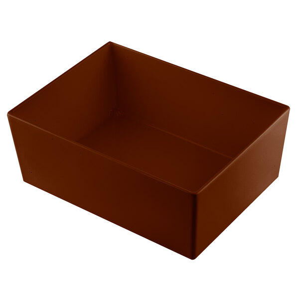 A brown rectangular Tablecraft bowl with straight sides.