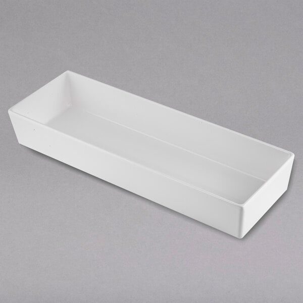 A white rectangular Tablecraft bowl with straight sides.