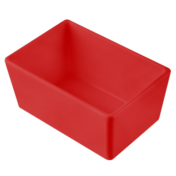 A red rectangular Tablecraft bowl with straight sides.