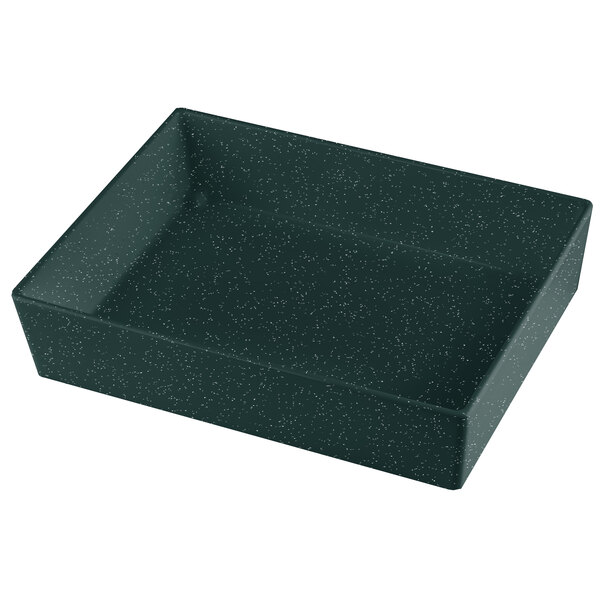 A black rectangular Tablecraft bowl with white specks.